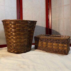 Vintage Bamboo and Rattan Trash Bin and Tissue Hol